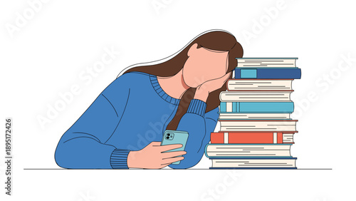 Tired young student girl sleeping on a tall stack of books while holding a smartphone in her hand at a study desk.