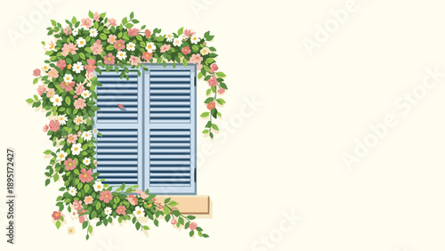 Beautiful cottage window with blue shutters surrounded by climbing green vines and blooming pink and white roses.