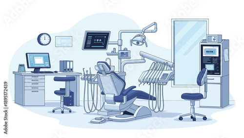 Modern dental clinic interior with a professional dentist chair medical equipment computer desk and large window.