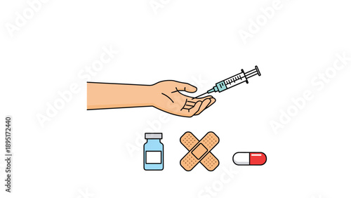 Human hand reaching for a medical syringe accompanied by a glass vial adhesive bandages and a red medicine capsule.