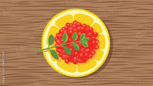 Top view of bright red salmon caviar served on a fresh orange slice with a green herb garnish on a wooden table.