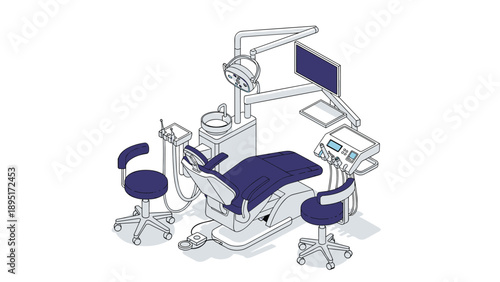 Isometric view of a professional dental station including a patient chair surgery lamp monitors and medical stools.