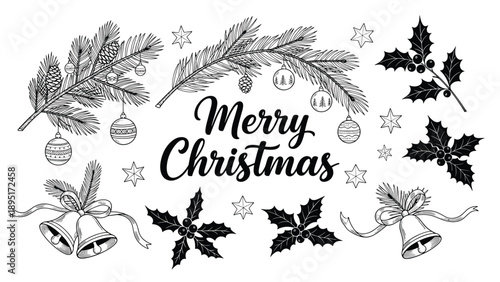 Collection of vintage style Christmas sketches including pine branches with ornaments holly leaves bells and stars.