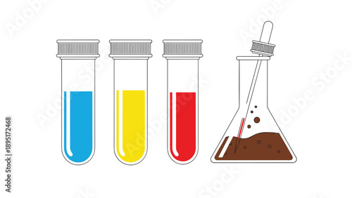 Row of three test tubes with blue yellow and red liquids next to a glass flask containing a bubbling brown chemical.