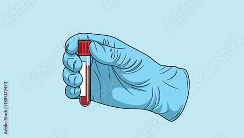 Human hand wearing a blue medical latex glove holding a small glass vacuum test tube with a red blood sample.