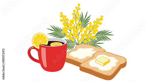Cozy breakfast scene featuring a red mug of lemon tea two slices of buttered toast and a mimosa flower branch.
