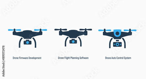 Drone technology icons: firmware development, flight planning software, auto control system. Advanced UAV technology for autonomous flight.