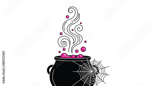 Black witches cauldron boiling with hot pink bubbles and magical smoke surrounded by a spider web for halloween.