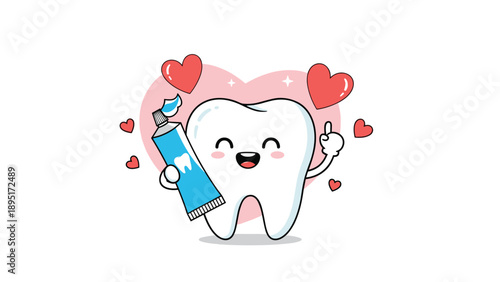 Happy cartoon tooth character holding a tube of toothpaste standing inside a large pink heart with red heart icons.