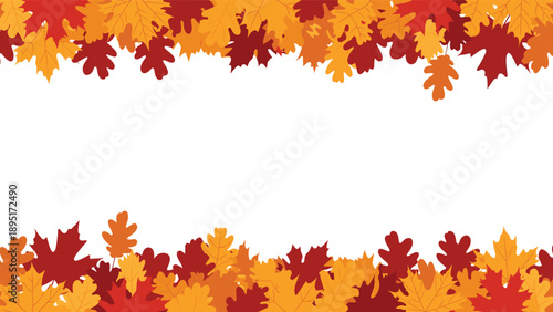 Decorative border made of various orange yellow and red autumn leaves including maple and oak foliage on white.