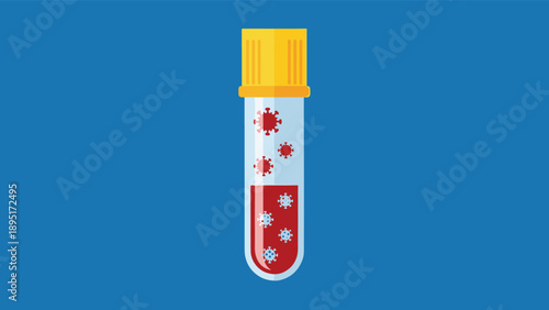 Medical test tube with a yellow cap containing blood and red and blue coronavirus icons for covid-19 diagnosis.