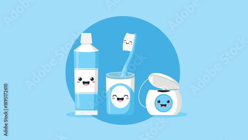 Collection of cute dental hygiene products like toothpaste, a toothbrush, and dental floss are shown with smiling faces and bubbles.