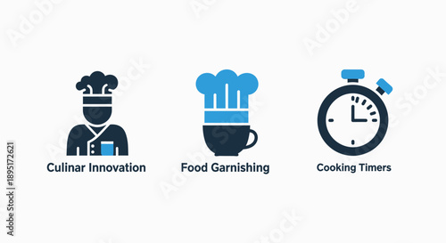 Culinary Innovation and Food Preparation Icons with Chef, Garnishing, and Cooking Timers