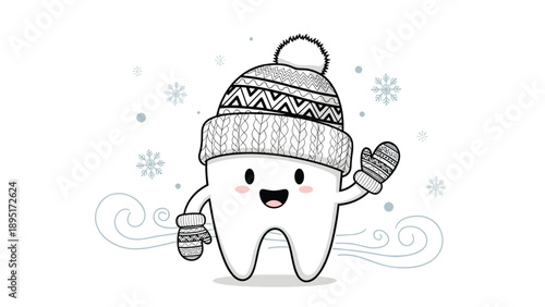 Cute tooth character wearing a cozy winter hat and mittens waves happily while surrounded by white snowflakes and swirling wind.