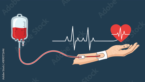 Blood donation concept features a medical bag connected to a human arm, including a heartbeat line and a bright red heart symbol.