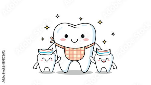 Happy tooth family with a large parent tooth wearing a bib and two small children teeth are surrounded by sparkling golden stars.