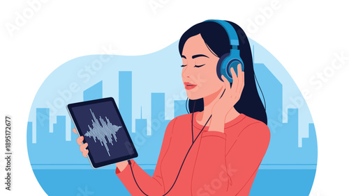 Relaxed woman wearing blue headphones listens to music on a digital tablet with city silhouettes and paper planes in the background.