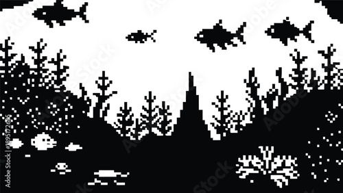 Pixel Art 1-Bit Underwater Ocean Seaweed Silhouette Landscape