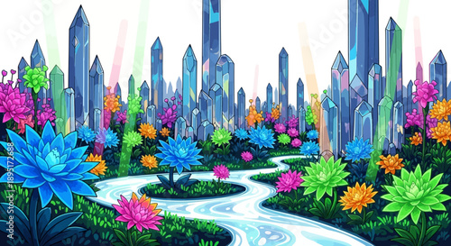 Vibrant crystal garden landscape with colorful flowers and winding waterway