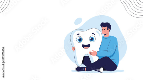 Young man in a blue sweater sits on the floor and hugs a giant smiling tooth character to represent dental health and regular care.