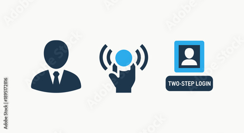 Modern user experience and digital security icons with a businessman, interactive touch, and a two-step login process.