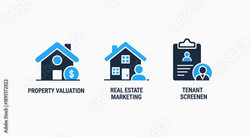 A collection of blue and dark real estate and property management icons, depicting valuation, marketing, and tenant screening services.