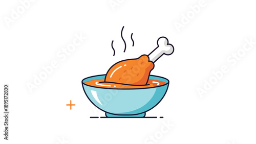 Hot bowl of orange soup features a whole roasted chicken leg inside, illustrated in a simple and clean cartoon style for food.