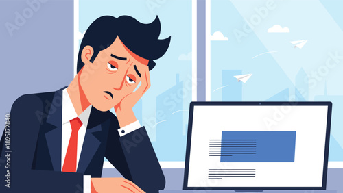 Exhausted businessman sits at his office desk and looks tired while working on a laptop with paper planes flying in the background.