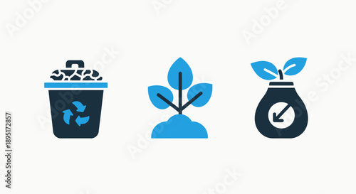 Sustainable environmental and ecological icons representing recycling, plant growth, and agricultural planting concepts.