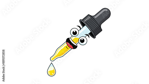 Funny character pipette with big eyes and a wide smile releases a single yellow drop of liquid, shown on a white background.