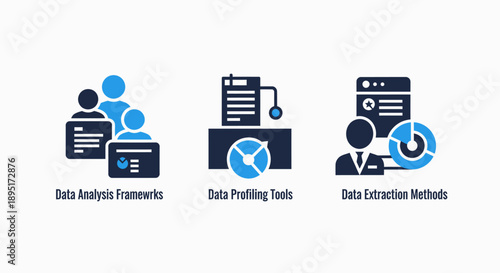 Advanced data science and business intelligence icons for analysis frameworks, profiling tools, and extraction methods.