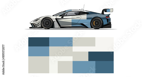 Graphic illustration of a futuristic race car beside an abstract geometric blue mosaic.