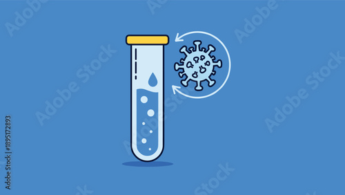 Lab test tube containing blue liquid with bubbles is shown next to a virus icon and circular arrows on a solid blue background.