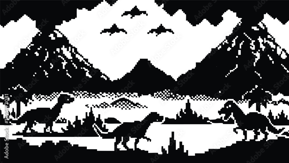 Obraz premium Pixel Art 1-Bit Volcano Eruption Raptor Dinosaur Landscape
