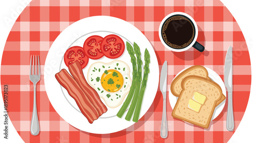 Heart shaped fried egg is served with bacon, tomatoes, and asparagus on a plate next to buttered toast and coffee on a red cloth.