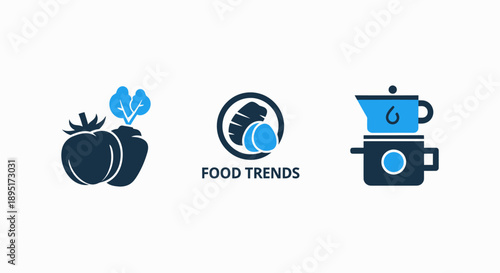 Culinary Food Trends and Fresh Ingredient Icons Featuring Vegetables and Coffee Preparation