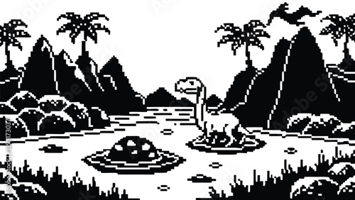 Pixel Art 1-Bit Dinosaur Egg Nest Swamp Landscape Scene