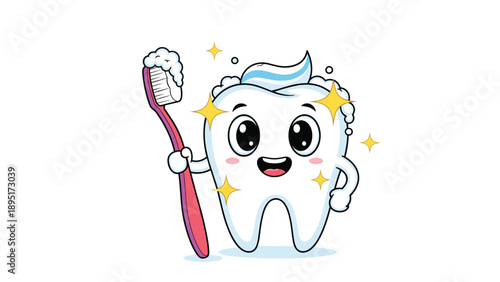 Smiling white tooth character holds a pink toothbrush and is covered in toothpaste foam and bubbles with sparkling gold stars.