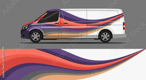 Colorful wrapped passenger van with flowing rainbow graphics and abstract stripe design featuring bold, modern decorative aesthetics.