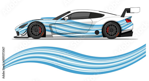 Blue racing sports car with aerodynamic lines and flowing blue waves.