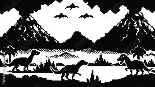 Pixel Art 1-Bit Volcano Eruption Raptor Dinosaur Landscape