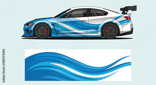 Blue Sports Car Illustration with Dynamic Wave Graphics and Sleek Design.
