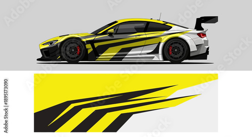 Vibrant yellow and black racing car with bold graphic livery and dynamic styling on a neutral background.
