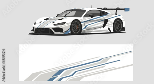 Sleek white race car with blue aerodynamic accents, shown as a pristine concept vehicle in bold graphic illustration.