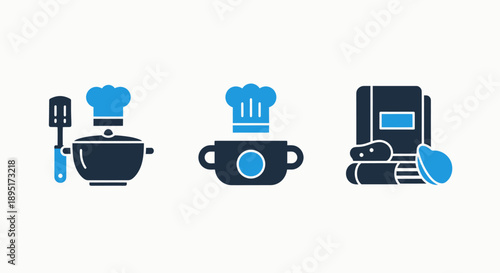 Culinary Arts and Cooking Essentials: Chef Hats, Kitchen Utensils, Pots, and Recipe Books Icons