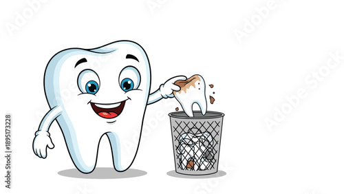 Cheerful cartoon tooth mascot throwing a decayed and brown damaged tooth into a wire mesh trash can to promote good oral hygiene practices.