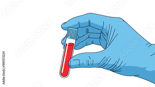 Close up of a hand wearing a blue surgical glove holding a medical test tube filled with a bright red blood sample for clinical laboratory analysis.