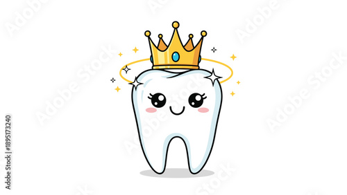 Happy little cartoon tooth wearing a golden royal crown and a sparkling halo to celebrate perfect dental health and pediatric tooth success.