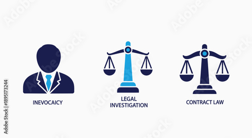 Legal Justice System: Advocate, Investigation, and Contract Law with Scales of Justice Icons