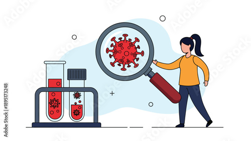 Scientific illustration of a female researcher looking through a magnifying glass at a red virus cell near test tubes for medical research.